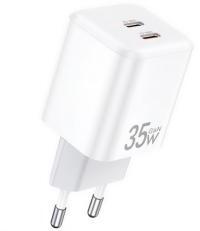 Awei PD65-EU hálózati töltő 2 Type-C aljzat (35W, GaN, PD gyorstöltő) FEHÉR (161126)