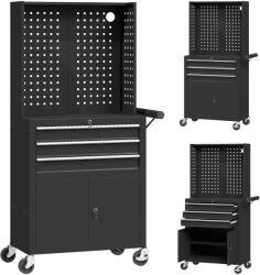 HomCom Cărucior de Scule din Oțel cu Blat de Lucru, 3 Sertare, Dulap, Panouri Perforate, Roți, Negru | Aosom Romania (B20-126V00BK)