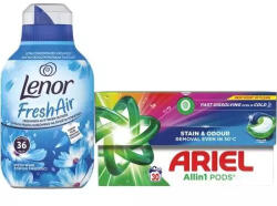 Ariel színes mosókapszula 30 db-os dobozban + Lenor öblítő Fresh Wind 504 ml/36 db
