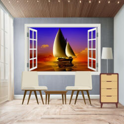  Öntapadó és mosható falfestmény Window Cruise, jacht, naplemente, 250 x 170 cm