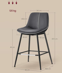VASAGLE 2 db VASAGLE bárszék szett, ergonomikus műbőr háttámlával, fém vázzal, 50x50x88 cm, fekete