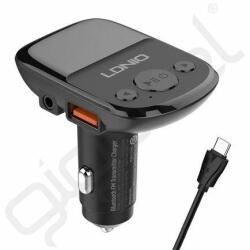 LDNIO bluetooth FM transmitter autós töltő 2 USB+3.5mm jack aljzat (3A, 25W, PD gyorstöltő + Type-C kábel) FEKETE