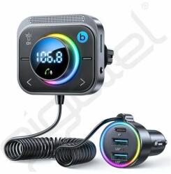 JOYROOM bluetooth FM transmitter autós töltő 2 USB+Type-C aljzat (v5.3, 15W, PD gyorstöltő, AUX, spirálkábel) FEKETE