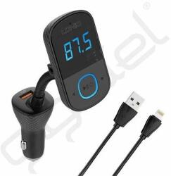 LDNIO bluetooth FM transmitter autós töltő 2 USB+Type-C aljzat (3A, 43W, PD gyorstöltő + lightning kábel) FEKETE