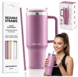 Berdsen Termosz, Berdsen, 1180 ml, rózsaszín, rozsdamentes acél, szívószálas, meleg és hideg italokhoz, 378901 4 db-os szívószál készlettel (TE378802-378901)
