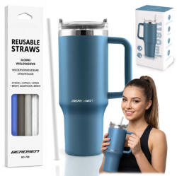 Berdsen Termosz, Berdsen, 1180 ml, sötétkék, rozsdamentes acél, szívószálas, meleg és hideg italokhoz, 378900 4 db-os szívószál készlettel (TE378801-378900)