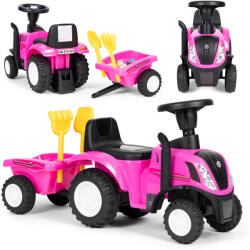 MULTISTORE Bébitaxi, Multistore 658T, New Holland traktor, rózsaszín, 88 x 27 x 43 cm, kormánydudával és indításhanggal, utánfutóval, borulásgátlóval, 12 hónapos kortól, teherbírás: 25 kg, elemes (2 x AA - nem t