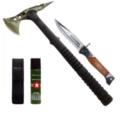 Depox Set secure supravietuire, briceag vanatoare si spray autoaparare DEPOX®, otel inoxidabil, verde, 40 cm/22 cm/110 ml, teaca inclusa (1853)