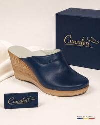 Ciucaleti Saboti dama bleumarin din piele naturala cu platforme de 7 cm - SAB50BL