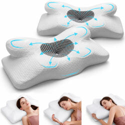 Linomag Set 2 Perne Ortopedice Cervicale pentru dormit Linomag®, Spuma cu Memorie, Forma de fluture, Husa lavabila, Suport pentru cap, gat, umeri si brate, Alb/Gri inchis, 34 x 60 x 13 cm (pdagix2)
