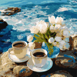 Ideyka Set pictura pe numere, cu sasiu, Cafea, lalele si mare, 40x40 cm (KHO6447)