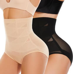 SIMIYA Chiloti Modelatori cu Talie Inalta pentru Dame, SIMIYA, Modelare Abdomen si Talie, Efect Push-Up Fese, Compresie Medie, Set 2 Bucati, Negru Bej, Marime S
