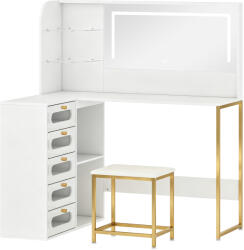 HOMCOM Masă de machiaj cu oglindă, lumini LED, taburet, 5 sertare, 2 compartimente și 2 rafturi din sticlă, alb | Aosom Romania (83D-253V00WT)