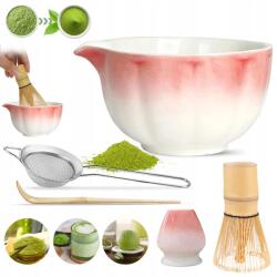 Bedee Kerámia matcha szett rózsaszín 5 db-os bambusz habverővel Ajándék (Zestaw Do Matchy Startowy Matcha)