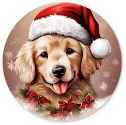 Nyomtatott fa tábla koszorú közép - Karácsonyi golden retriever 11, 8cm