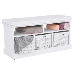 Mobikon Banca cu 3 cosuri din rachita alba RAFAELLO 101x41x45 cm (0000136594)