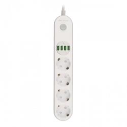 Serioux Prelungitor cu protectie Serioux, 4 prize schuko, input 100-240V, 50- 60Hz, output (Total): 2500W - 10A, 4 porturi USB, 4 porturi USB (5V- 3.1A) (Auto Max) 17W, Amperaj port USB (max) 3.4A, functie au