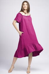 SHOPIKA Rochie in colturi din in magenta, cu decolteu pe elastic si volan la poale Talie unica