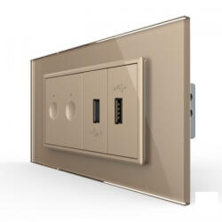 LIVOLO Intrerupator tactil dublu cap scara cruce + priza dubla USB, 4M, cu rama sticla , Livolo (VL-FC2S-2FCUS-2AP-P9E)