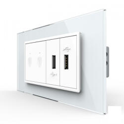 LIVOLO Intrerupator tactil dublu cap scara cruce + priza dubla USB, 4M, cu rama sticla , Livolo (VL-FC2S-2FCUS-2WP-P9E)