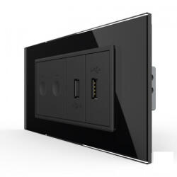 LIVOLO Intrerupator tactil dublu cap scara cruce + priza dubla USB, 4M, cu rama sticla , Livolo (VL-FC2S-2FCUS-2BP-P9E)