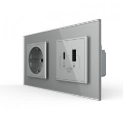 LIVOLO Priza dubla Schuko + USB tip A si tip C, cu rama sticla (UC18W-P7E/E-4IP)