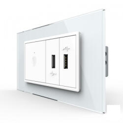 LIVOLO Intrerupator tactil simplu cap scara cruce + priza dubla USB, 4M, cu rama sticla, Livolo (VL-FC1S-2FCUS-2WP-P9E)