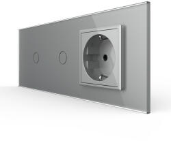 LIVOLO Intrerupator Simplu + Simplu + Priza LIVOLO cu Rama Din Sticla, Standard Italian, 6M (VL-FC1/1/FCTC-6I) - gilan