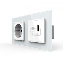 LIVOLO Priza dubla Schuko + USB tip A si tip C, cu rama sticla (UC18W-P7E/E-4WP)