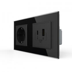 LIVOLO Priza dubla Schuko + USB tip A si tip C, cu rama sticla (UC18W-P7E/E-4BP)