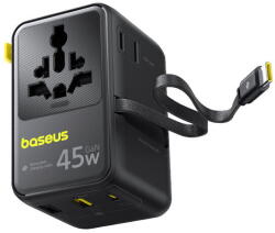 Baseus Adaptor de calatorie Baseus PicoGo AG11 2x AC, 2x USB-A, 1x USB-C, 45W, cablu USB-C retractabil, Negru (E0307F00)