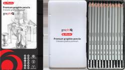 Herlitz Set 12 creioane grafit Herlitz 2h/h/f/hb/b/2b/3b/4b/5b/6b/7b/8b hexagonale corp argintiu 2 mm, cutie metal (9498230)