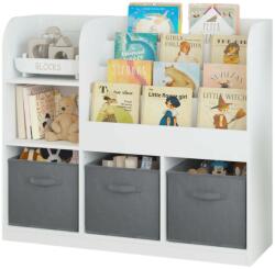 Ginger Home gyerek rendszerező, polcos tároló játékokhoz és könyvekhez, 3 textildobozzal, fa, fehér színben, 92x30x80 cm, Montessori