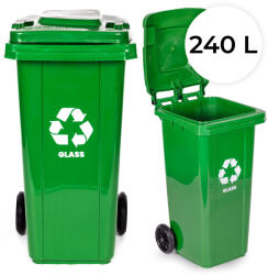 MULTISTORE Műanyag hulladéktároló, szelektív kültéri kuka, Multistore MO-240G-9-K, 240 l, zöld, üveghulladékhoz, gumírozott kerekek, UV-álló, HDPE műanyag, zárható fedél (TF5345)