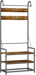 HOMCOM Suport de Haine de Intrare cu Bară, 10 Cârlige Mobile, Bancă și Raft pentru Încălțăminte, Mobilier în Pal și Metal, Design Industrial, 80x40x182 cm, Maro și Negru | Aosom Romania (837-635V00BT)