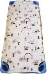  Vízhatlan gumifüles lepedő pamut - pul anyagból halványszürke alapon barna munkagép-házikó mintával 55x130cm / 58x130cm ágyra