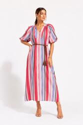 SHOPIKA Rochie midi din vascoza cu imprimeu in dungi si maneci bufante rosu roz Talie unica