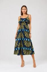 SHOPIKA Rochie lunga din bumbac subtire cu volan pe piept si imprimeu abstract, bleumarin Talie unica