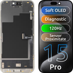 MP Display cu Touchscreen si Senzor Proximitate Lumina MP compatibil cu Apple iPhone 15 Pro, cu Rama, Versiune Soft OLED FHD 120Hz Diagnostic, Negru