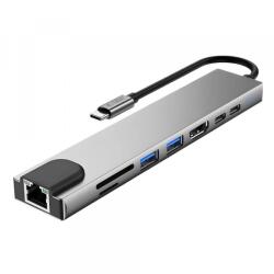 Tech-Protect Hub USB-C Tech-Protect HB09, 2 x USB-A 3.0 - 2 x USB-C - 1 x HDMI - 1 x RJ45 - 1 x SD - 1 x microSD, Gri - gsmboutique