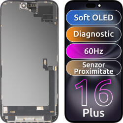 MP Display cu Touchscreen si Senzor Proximitate Lumina MP compatibil cu Apple iPhone 16 Plus, cu Rama, Versiune Soft OLED FHD Diagnostic, Negru