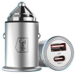 3mk Protection Incarcator Auto 3MK HyperCharger, 30W, 5A, 1 x USB-A - 1 x USB-C, Argintiu