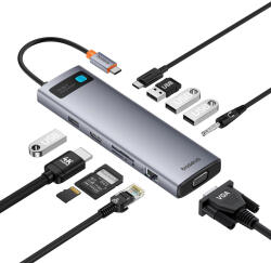 Baseus Hub USB-C Baseus Metal Gleam, 3 x USB-A 3.0 - 1 x USB-A - 1 x USB-C - 1 x HDMI - 1 x VGA - 1 x Jack 3.5mm - 1 x RJ45 - 1 x SD - 1 x microSD, Gri (B00030709811-00)