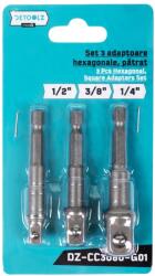 Detoolz Set 3 adaptoare hexagonale Detoolz Cr-V, patrat 1/4, 3/8 si 1/2 (DZ-CC3080-G01)