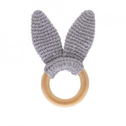 BabyJem Jucarie dentitie din bumbac cu inel din lemn BabyJem Amigurumi (Culoare: Gri) - drool