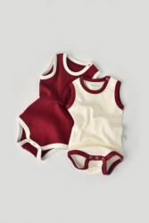 BabyCosy Set 2 body-uri fara maneci Ribana Bebe Unisex din bumbac organic si 5%elastan - Ecru/Bordo BabyCosy (Marime: 18-24 Luni)
