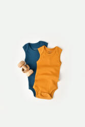BabyCosy Set 2 body-uri fara maneci bebe unisex din bumbac organic si modal - Bleumarin/Sofran, BabyCosy (Marime: 12-18 Luni)