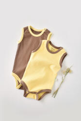 BabyCosy Set 2 body-uri fara maneci Ribana Bebe Unisex din bumbac organic si 5%elastan - Vanilie/Maro BabyCosy (Marime: 3-6 Luni)