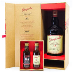 Glenfarclas 15 éves whisky ajándékcsomag DRS 46, 7 % (0, 7L+2*0, 05L - 46, 60, 43 %) - whiskynet