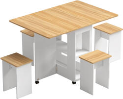 HomCom Set masă de dining pliantă cu 4 taburete ascunse, 2 extensii rabatabile, roți, rafturi, stejar | Aosom Romania (83A-555V00AK)